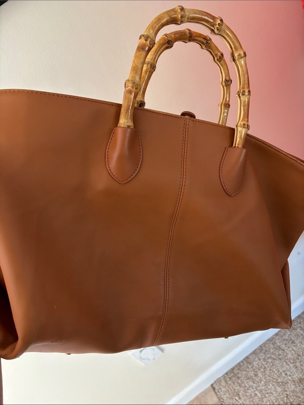 J. McLaughlin Bamboo-Handle Shoulder Chestnut Brown Tote Bag-Gorgeous! - Picture 8 of 13